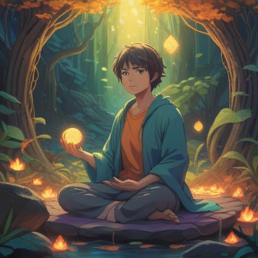 A mystical and serene illustration, a figure meditating with a glowing aura at the hip area, surrounded by ethereal light and swirling energy, symbols of healing and spiritual guidance, a peaceful landscape with soft clouds and gentle colors, harmonious atmosphere, 4k