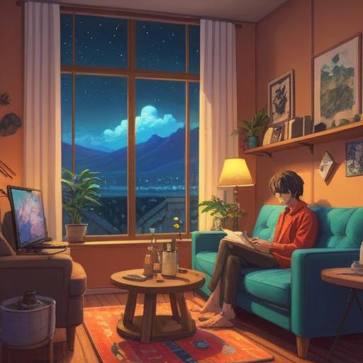 A serene indoor setting, soft ambient lighting, a person relaxing on a comfortable sofa, essential oil diffuser emitting gentle wisps of aromatic steam, a calming blend of lavender and eucalyptus oils, the individual with a peaceful expression, surrounded by potted plants and soothing decor, tranquility embodied, 4k