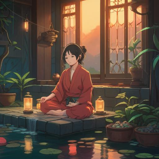 A serene illustration of a peaceful spa scene, soft lighting, calming colors, essential oil bottles arranged neatly, a person meditating with aroma diffusing gently around, lush greenery in the background, sense of tranquility and relaxation, harmonious atmosphere, 4k