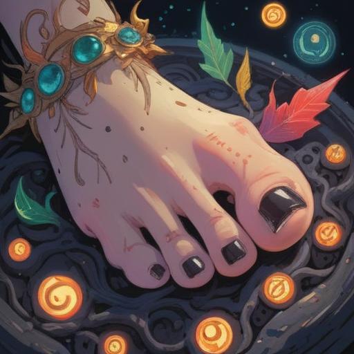 A close-up illustration of a foot with black dots on the toenails, mystical symbols surrounding the foot, ethereal glow, spiritual elements intertwined, a serene and meditative atmosphere, nature background with soft lighting, detailed textures, 4k