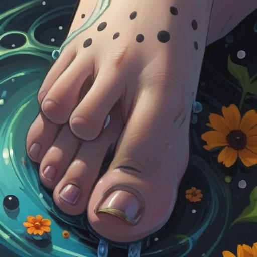 A close-up view of a person's foot, highlighting the toenails with distinct black spots, surrounded by ethereal light, symbolizing spiritual enlightenment, gentle textures, calming colors, mystical atmosphere, nature elements in the background, conveying positive energy, 4k