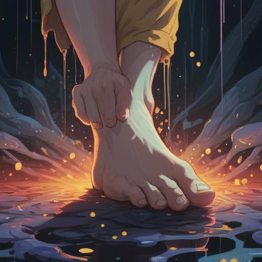 A mysterious and spiritual scene, a close-up of a foot with a focus on a toenail showing dark spots, surrounded by ethereal light, symbols of protection and awareness, nature elements like leaves and stones, a calming and reflective atmosphere, deep colors, mystical aura, spiritual signs and meanings, illustration suitable for personal growth, 4k