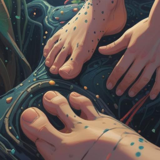 A close-up view of a human foot with a focus on the toenails showing small black dots, symbolizing a moment of realization and good fortune, the foot positioned in a bright, cheerful environment, surrounded by symbols of luck like four-leaf clovers and horseshoes, vibrant colors, positive energy, detailed textures in the skin and nails, emphasizing the lucky significance of the black dots, 4k