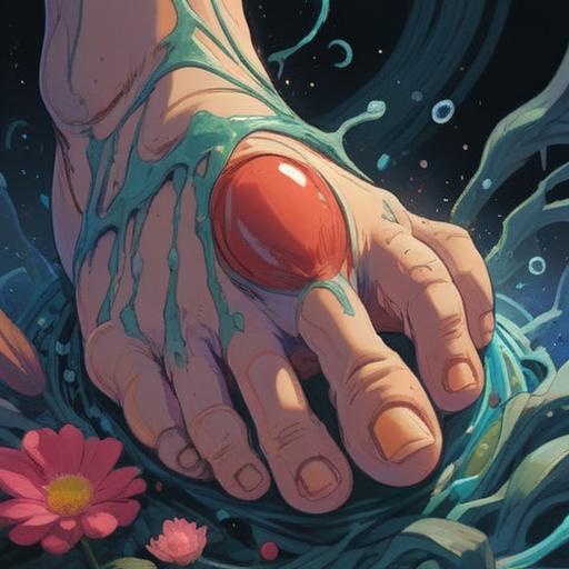 A close-up illustration of a foot with an injured big toe, symbolic of spiritual growth and awareness, vibrant energy surrounding the toe, representing healing and insight, natural elements like plants and light emphasizing rejuvenation, serene atmosphere, detailed textures, 4k