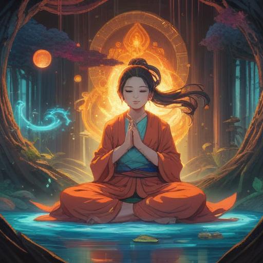 A spiritual illustration depicting the experience of toe cramping, serene atmosphere, soft light illuminating a person meditating, ethereal energy swirling around their feet, symbols of good signs floating in the air, connection to the earth, harmonious color palette, calming elements, 4k