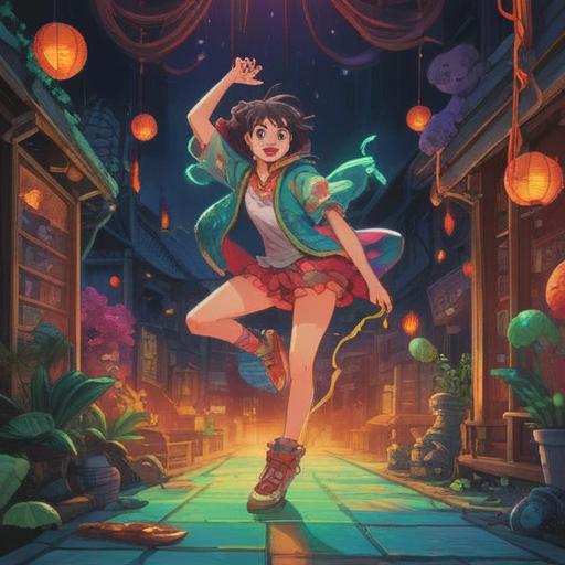 A whimsical illustration depicting a person experiencing a leg cramp, vibrant colors, humorous expressions, the character performing a lucky dance, surrounded by cheerful elements like four-leaf clovers and sparkles, conveying a sense of relief and joy, dynamic pose, 4k