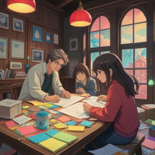 A visually engaging summary scene, featuring diverse individuals collaborating around a large table, colorful sticky notes and documents scattered around, focused expressions, lively discussions, a bright modern office space, promoting teamwork and ideas, 4k