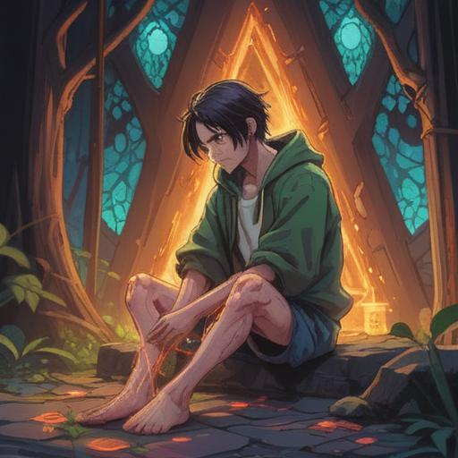 A serene and mystical illustration depicting a person sitting cross-legged, holding their foot in pain, surrounded by gentle, glowing light, symbolic healing energy rays, ethereal elements like wisps and sparkles, a tranquil nature background with soft flowers and trees, a sense of calm and introspection, spiritual symbols of healing and energy flow, soothing color palette, 4k