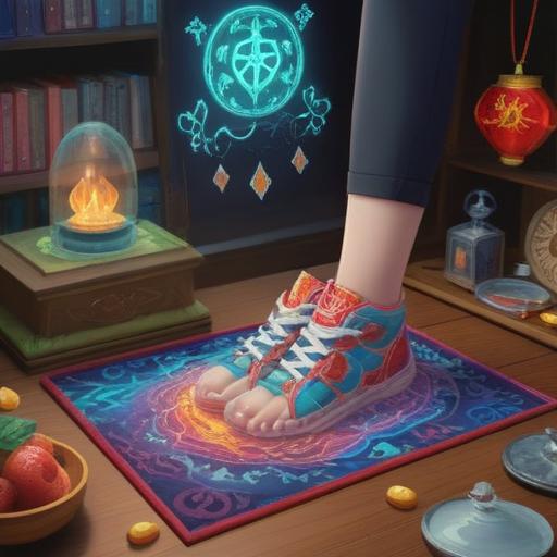 A charming illustration of a lucky charm for alleviating foot pain, featuring a beautifully designed amulet with symbols of comfort and healing, surrounded by gentle flowers and soothing colors, a serene environment reflecting tranquility, soft light casting calming shadows, detailed texture of the charm, inviting atmosphere, 4k