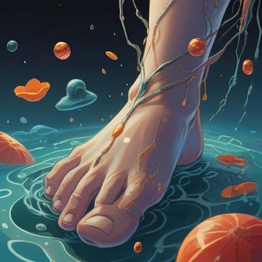 A serene illustration depicting a person's foot with visible itchy skin, surrounded by floating ethereal symbols representing spiritual guidance, soft light illuminating the foot, a tranquil nature background with gentle plants and flowers, calming colors, harmonious atmosphere, symbolizing positivity and spiritual awakening, 4k