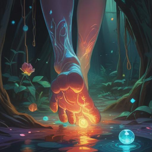A mystical illustration of a person's foot with a glowing aura above the instep, surrounded by ethereal symbols, vibrant colors, serene nature background, soft light illuminating the foot, representing spiritual awareness, detailed depiction of signs and omens, tranquil and reflective atmosphere, 4k