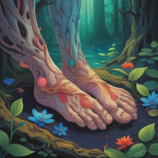 A serene and colorful illustration depicting spiritual signs associated with foot injuries, featuring symbols of healing and protection, a tranquil natural environment with gentle light, soft-focus elements like feathers and crystals, harmonious colors, peaceful imagery, a sense of guidance and support in the journey of recovery, 4k