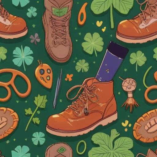 A charming illustration of a collection of lucky items for healing foot injuries, featuring a four-leaf clover, a horseshoe, and a lucky charm bracelet, set against a cozy home environment, with soft lighting and a calming color palette, surrounded by gentle nature elements like flowers and sunshine, emphasizing positivity and recovery, 4k