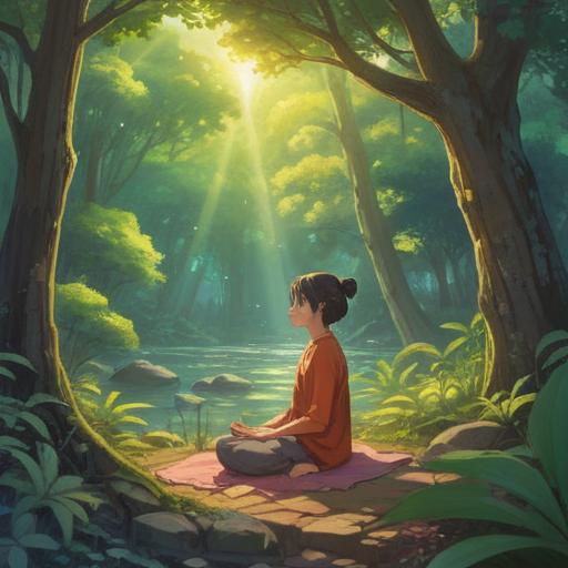A serene illustration depicting a peaceful person meditating in a tranquil setting, surrounded by nature, gentle sunlight filtering through trees, calming aura, inspirational words floated in the air, vibrant flowers blooming, soft colors, harmonious atmosphere, personal growth theme, 4k