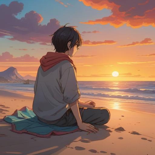 A serene and reflective scene depicting a person sitting cross-legged on a tranquil beach, softly gazing at the sunset, a sense of spiritual introspection, symbolic imagery of healing through nature, gentle waves lapping at the shore, footprints in the sand representing past struggles, warm golden and soothing pastel colors, harmonious atmosphere, ethereal lighting, 4k