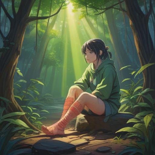 A thought-provoking illustration depicting a person with a bandaged foot sitting in a serene natural setting, surrounded by light beams symbolizing healing energy, soft ethereal colors, a peaceful aura, subtle hints of spiritual symbols in the background, an expression of tranquility on the person's face, emphasizing the positive aspects of injury, 4k