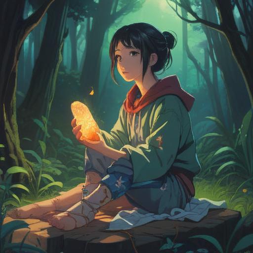 A mystical and serene illustration, glowing symbols surrounding a person sitting with a bandaged foot, ethereal light illuminating the scene, nature elements like trees and flowers reflecting healing energy, calm expression on the person's face, soothing color palette, spiritual aura and guidance, 4k