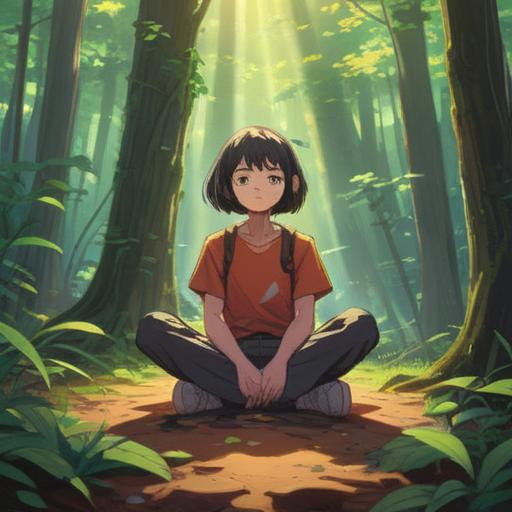 A serene illustration depicting a person sitting cross-legged on a tranquil forest floor, surrounded by soft rays of sunlight filtering through the trees, vivid greenery, a gentle stream flowing nearby, representing mindfulness and healing, ethereal glow around the person, symbolic elements like scattered crystals and feathers, 4k