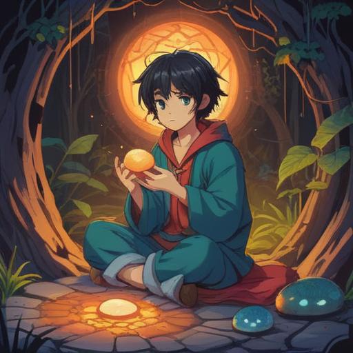A serene illustration of a person sitting comfortably, gently holding a smooth, glimmering lucky stone in their hands, surrounded by soothing nature elements like soft grass and blooming flowers, sunlight filtering through the leaves, relaxed expression, calming aura, rich details, 4k