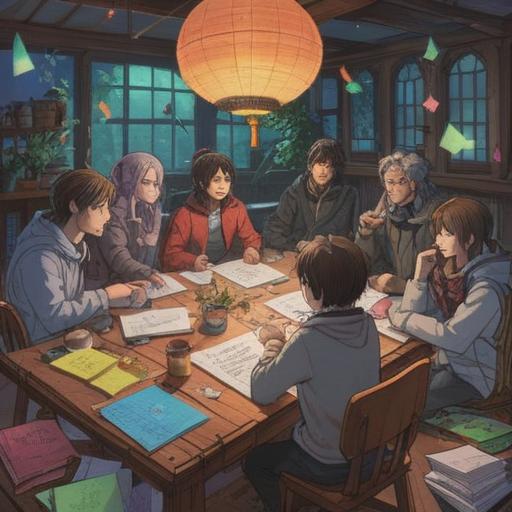 A conceptual illustration of a diverse group of people gathered around a large table, collaborating and sharing ideas, colorful sticky notes scattered, charts and diagrams visible, expressions of engagement and creativity, warm and inviting atmosphere, 4k