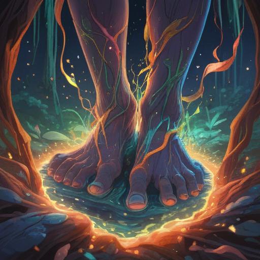 A surreal interpretation of the spiritual meaning of foot odor, an abstract representation of energy and cleansing, mystical elements surrounding a pair of feet, vibrant colors symbolizing emotions, a gentle glow suggesting purification, soft light emphasizing contrast, ethereal surroundings hinting at deeper connections, 4k
