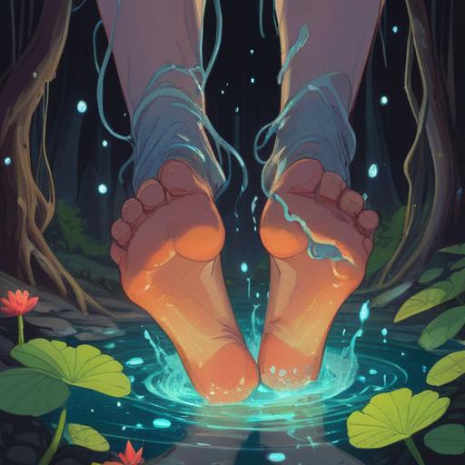 A surreal illustration depicting the spiritual significance of smelly feet, ethereal glow surrounding the feet, vibrant colors symbolizing energy flow, ancient symbols of transformation and growth, serene environment with nature elements, soft light illuminating the scene, reflective mood, 4k