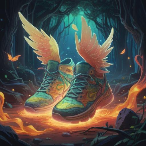 A mystical scene depicting spiritual signs, a pair of shoes with an ethereal glow, vibrant energy radiating from the footwear, symbolic imagery of caution such as warning signs around, a tranquil environment with soft lighting, reflective surfaces, and a serene character observing the signs, lush greenery in the background, dreamlike atmosphere, encouraging intuition and awareness, 4k