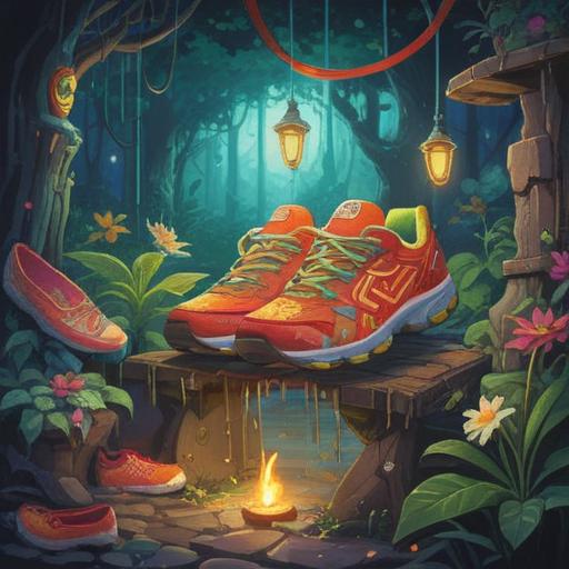 A whimsical scene of a person happily discovering a pair of magical shoes, bright colors, cheerful atmosphere, vibrant garden surroundings, sparkling effects indicating freshness, characters smiling with relief, playful and humorous tone, 4k