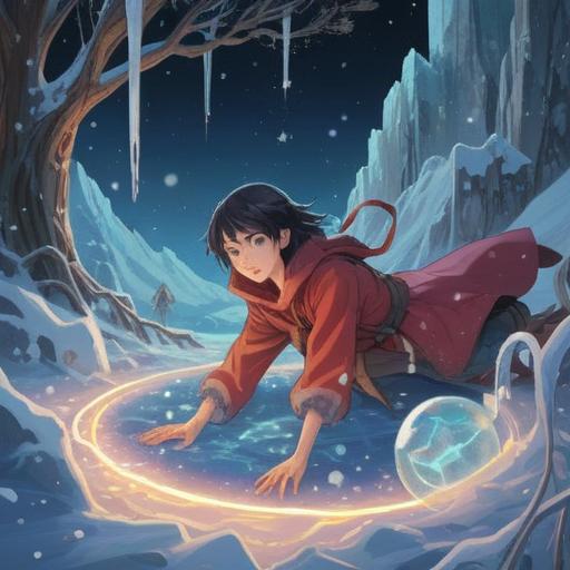 A mystical illustration of a person slipping on ice, surrounded by ethereal symbols representing spiritual signs, soft glowing lights emanating from the ground, a serene forest backdrop with subtle hints of winter, vibrantly detailed imagery, conveying caution and awareness, capturing the essence of spiritual guidance, 4k