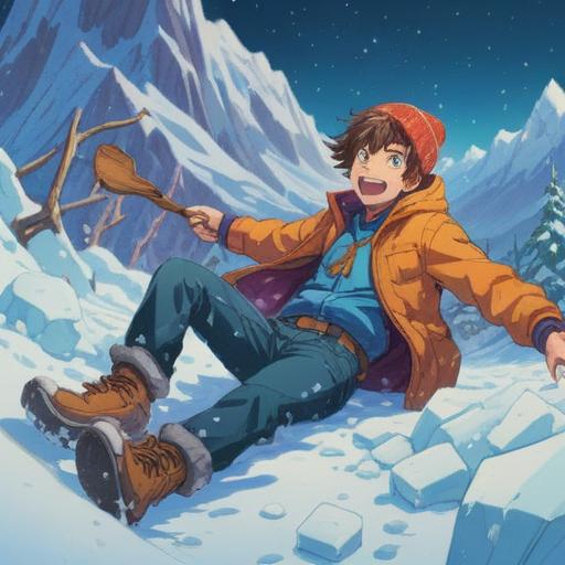 A whimsical illustration of a person slipping on ice, surprised expression, a lucky charm falling from their pocket, vibrant snow-covered landscape, bright blue sky, warm sunlight, detailed winter clothing, light sparkle around the charm, 4k