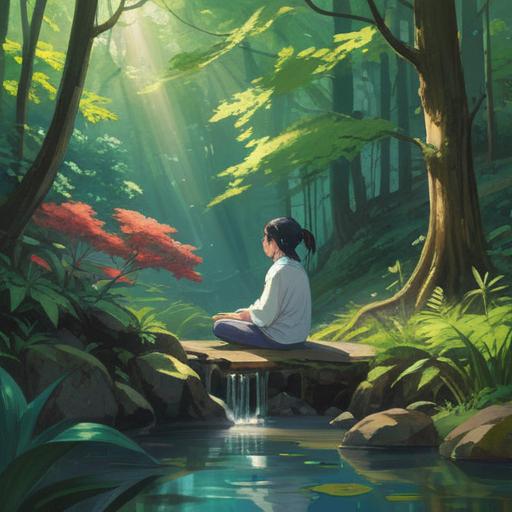 A serene landscape in a peaceful forest, gentle stream flowing, sunlight filtering through leaves, tranquil atmosphere, a person meditating near a tree, surrounded by nature, soft green hues, calming presence, sense of renewal, 4k
