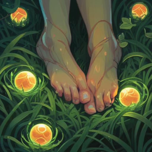 A serene and reflective scene depicting a person's feet resting gently on lush green grass, surrounded by soft glowing orbs symbolizing healing energy, rays of light breaking through the trees above, a peaceful and inspirational atmosphere, nature’s beauty representing spiritual awakening, vibrant colors, intricate details in the grass and orbs, 4k
