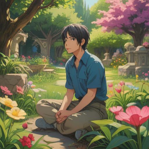 A serene and introspective scene, a person sitting cross-legged in a peaceful garden, surrounded by soft flowers and gentle sunlight, holding their foot with a thoughtful expression, ethereal light glowing around, symbols of healing and awareness in the air, calming and spiritual atmosphere, hints of nature's wisdom, 4k