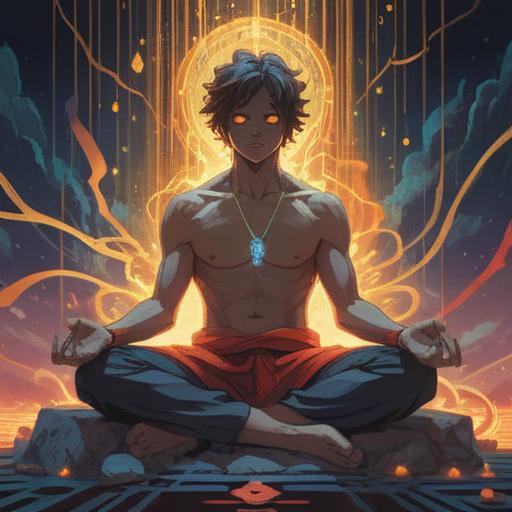 A serene and mystical illustration depicting a person sitting cross-legged in meditation, surrounded by ethereal light, visual representation of energy flowing around their legs, subtle symbols of protection and awareness in the background, a tranquil environment with soft, shimmering colors, hints of nature such as gentle leaves and flowing water, warm spiritual vibe, 4k