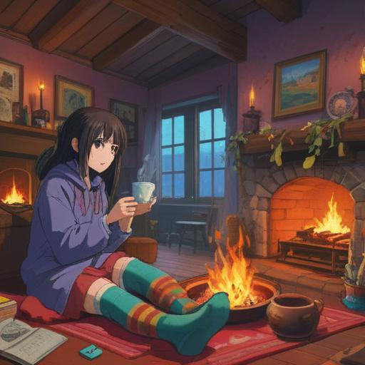 A cozy scene featuring a pair of colorful, decorative socks placed near a warm fireplace, steam rising from a hot cup of herbal tea, gentle light illuminating the space, surrounding elements like lucky charms and small plants, creating a relaxing winter ambiance, 4k