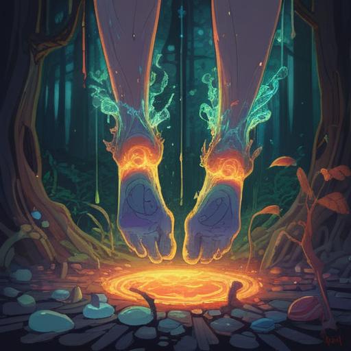 A spiritual illustration depicting the concept of itchy soles, ethereal energy surrounding feet, vibrant aura, abstract symbols representing intuition, connection with the earth, serene nature background, vivid colors, mystical ambiance, 4k