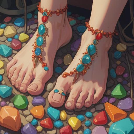 A close-up view of a person's feet with visible discomfort, a colorful array of gemstones and lucky stones surrounding the feet, a serene and calming background setting, soft glowing light emanating from the stones, indicating healing and positivity, intricate details of the stones, emphasizing their unique shapes and colors, inviting atmosphere, 4k