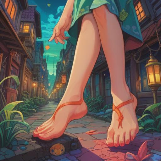 A whimsical illustration of a person looking at their long toes with a surprised expression, vibrant colors, playful atmosphere, lucky symbols like clovers and shooting stars surrounding them, joyful and lighthearted scene, detailed background with soft clouds and sunny skies, cartoonish character design, 4k