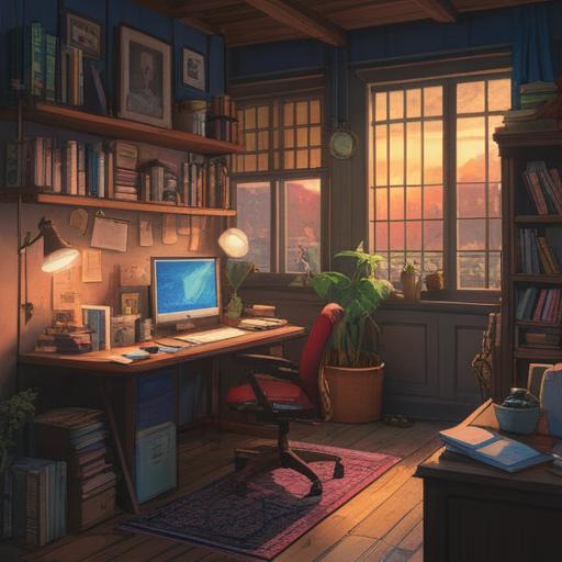 A serene and organized workspace, neatly arranged notebooks and stationery, a computer screen displaying a written summary, warm lighting creating a cozy atmosphere, focused individual taking notes, visual representation of efficiency and clarity, collaborative environment, inviting and productive mood