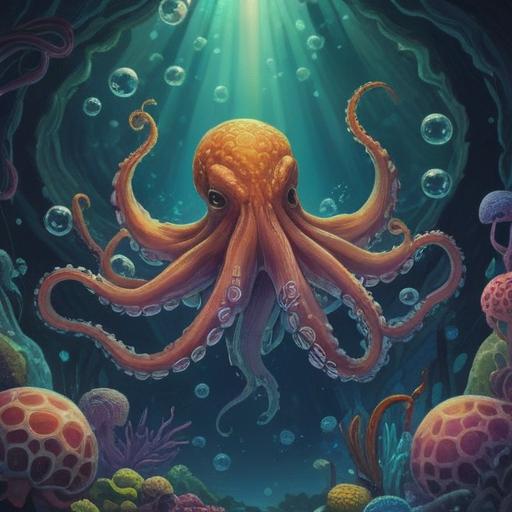 A mystical underwater scene featuring a vibrant octopus with glowing patterns on its tentacles, symbolizing spiritual guidance, surrounded by shimmering bubbles and coral, ethereal light filtering through the water, serene atmosphere, intricate details, nature's harmony, 4k