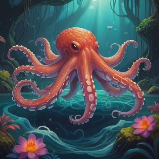 A mystical scene depicting an octopus appearing at the feet, surrounded by a shimmering aura, symbolic elements representing spiritual guidance, soft waves lapping at the shore, an ethereal light illuminating the surroundings, reflective water showcasing the octopus's vibrant colors, serene beach setting, tranquil atmosphere, an inviting sense of wonder, 4k