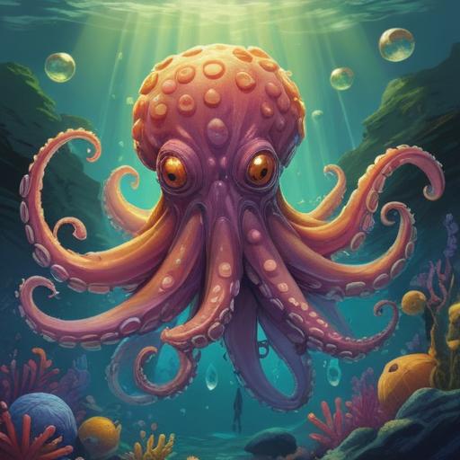 A whimsical illustration of a vibrant octopus with friendly eyes, surrounded by a colorful underwater landscape, bubbles rising around it, symbolizing self-love, with gentle sunlight filtering through the water, a sense of peace and contentment, deep blue and coral colors, 4k