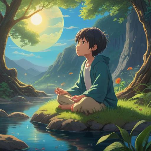 A serene and spiritual scene, a person meditating in a tranquil environment, gentle breath visible in the cool air, soft rays of sunlight filtering through trees, symbols of peace and harmony around, an ethereal glow surrounding the meditator, calm lake in the background, nature's sounds enhancing the atmosphere, 4k