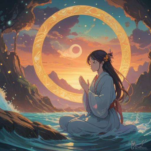 A serene and mystical scene depicting spiritual signs, ethereal light surrounding a figure in meditation, softly glowing symbols in the air, gentle waves of energy flowing, nature elements like trees and flowers, calming atmosphere, connection to the universe, inner peace, vibrant colors, 4k