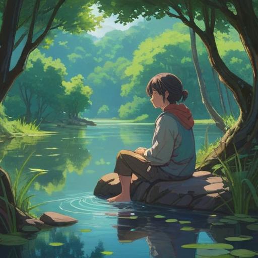 A serene scene of a person sitting by a tranquil lake, reflective expression, soft ripples on the water, surrounded by lush trees, gentle sunlight filtering through leaves, an ethereal ambiance, symbolizing inner thoughts and emotions, calm and peaceful mood, 4k