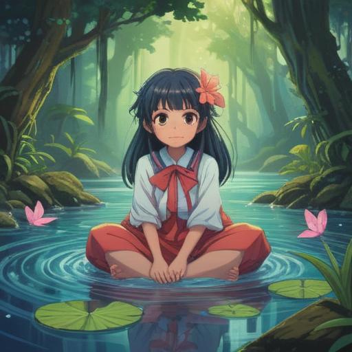 A serene illustration of a lucky charm, soft colors, intricate details, gentle light, surrounded by calming nature elements such as flowing water and blooming flowers, symbolizing peace and stability, harmonious composition, soothing atmosphere, uplifting character design, 4k