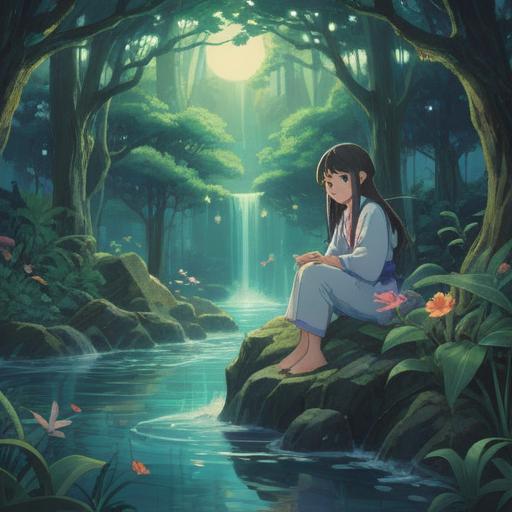 A serene and ethereal scene depicting a person surrounded by calming light, symbolic representation of spiritual awakening, nature elements such as gentle flowing water and soft blooming flowers, an expression of relief and enlightenment on the person's face, dreamlike atmosphere, harmonious colors, complex textures, 4k