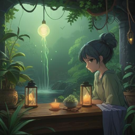 A serene scene depicting a calming aromatherapy setting, an elegant diffuser emitting gentle wisps of fragrant steam, fresh and vibrant greenery surrounding the area, a peaceful atmosphere with soft natural light, calming colors and soothing textures, bottles of essential oils labeled with calming scents, a plush chair inviting relaxation, aromatic plants gently arranged, tranquility and wellness theme, 4k