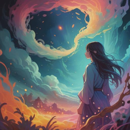 A surreal illustration depicting the sensation of breathlessness, ethereal elements representing spiritual awakening, swirling mist surrounding a figure in meditation, vibrant colors contrasting with dark tones, a sense of struggle and liberation, ethereal light piercing through dense clouds, intimate connection with the universe, emotive facial expression, 4k