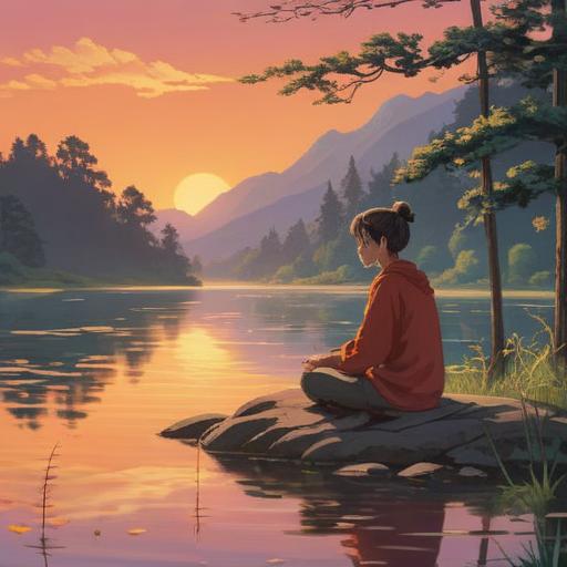 A serene and calming landscape, gentle sunset lighting, soft-focus details, a person meditating by a tranquil lake, surrounded by nature, ethereal visual elements like glowing orbs, symbolic representations of spiritual signs, feeling of peace and awareness, vibrant colors, 4k